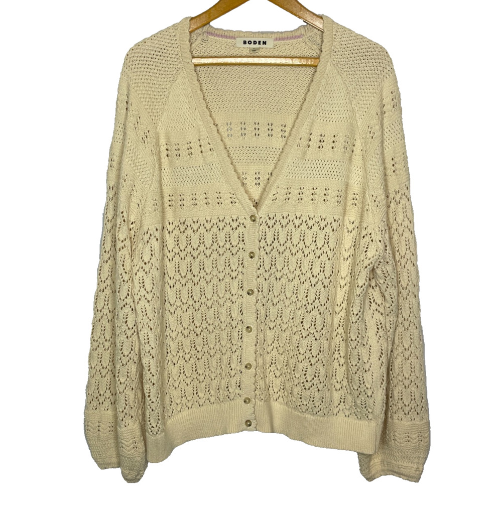 Women's XL Boden Cotton Stitch V-Neck Crochet Cream Balloon Sleeve Cardigan